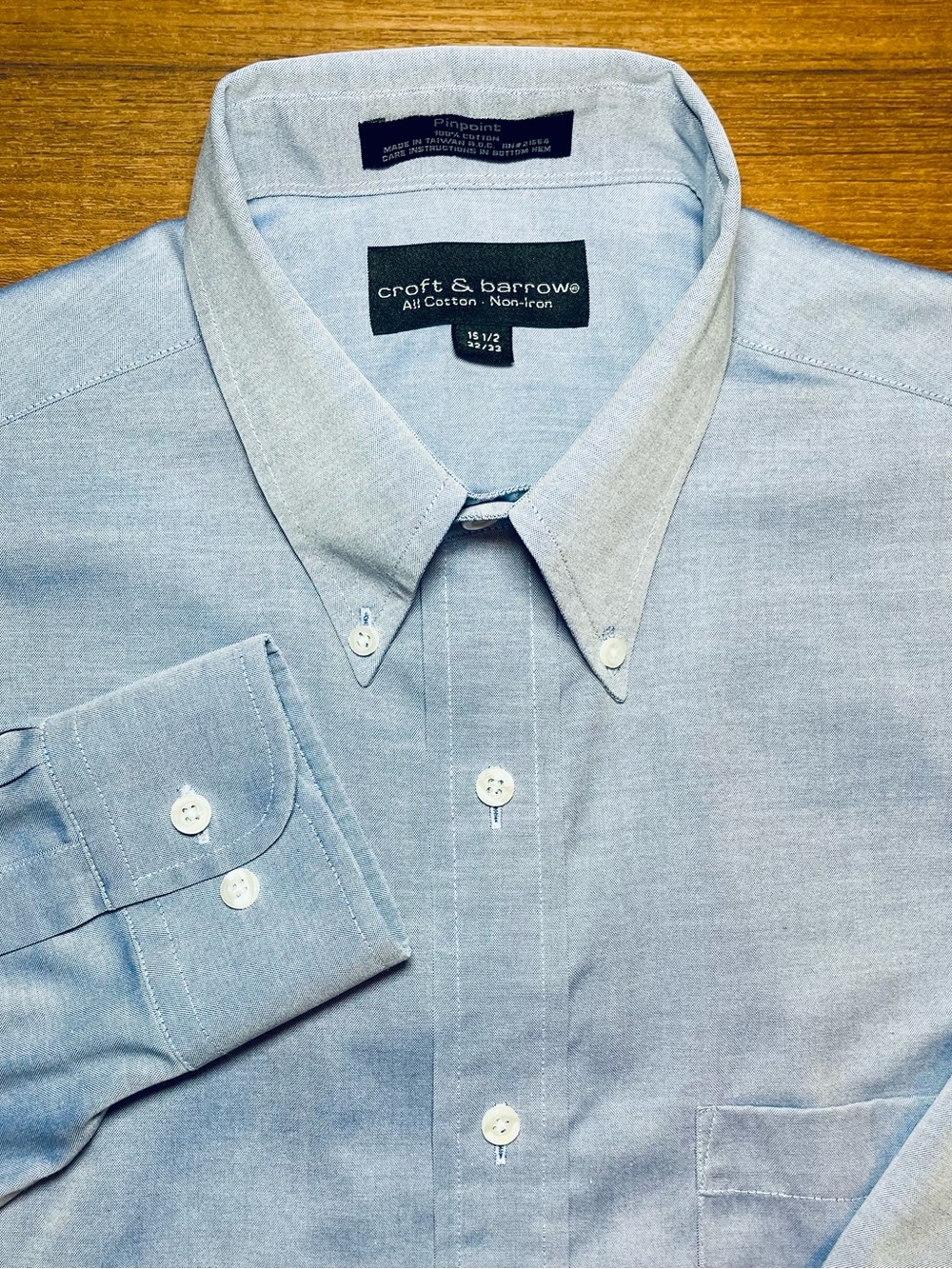 Croft & Barrow Men Blue Dress Shirt 15 1/2 32/33 Pinpoint All Cotton Non-Iron
